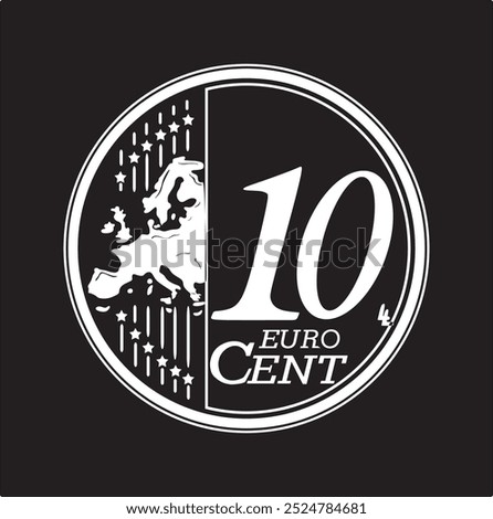 10 cent euro coin vector design in white color and on a black background, handmade silhouette.	