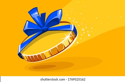 10 cents coin in gift wrapping with bow blue ribbon. Falling money creative concept. Vector illustration.