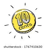 10 cents coin of very small amount of money. Gold Coin shining currency symbol. Best offer and super sale price creative concept. Vector illustration.