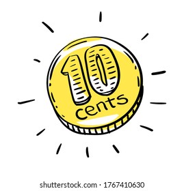 10 cents coin of very small amount of money. Gold Coin shining currency symbol. Best offer and super sale price creative concept. Vector illustration.