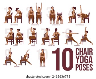 10 Chair Yoga Poses at Home. Woman doing chair yoga poses. Flat vector illustration