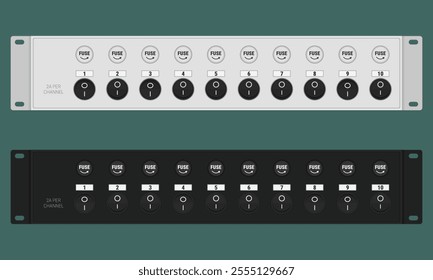 10 channels switching board with individual fuses and round switches. Rack mount 2U power distribution panel for 19 inch server rack. Vector illustration in flat style