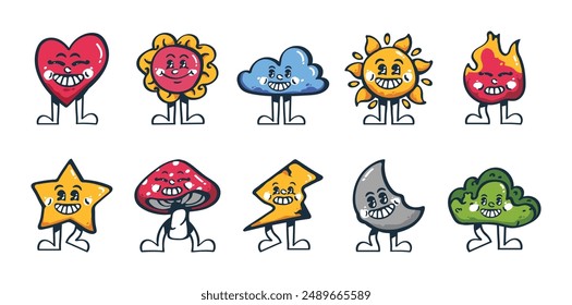 10 Cheerful Retro Cartoon Illustration Set