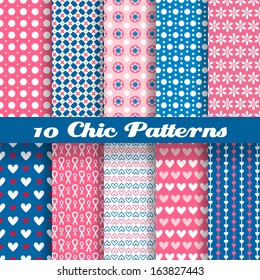 10 Chic different vector seamless patterns (tiling). Deep pink and blue color. 