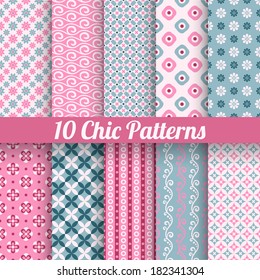 10 Chic different vector seamless patterns (tiling). Pink and blue color. Endless texture for printing onto fabric, paper, scrap booking. Wave, flower and dot shape. Pretty cute print background.