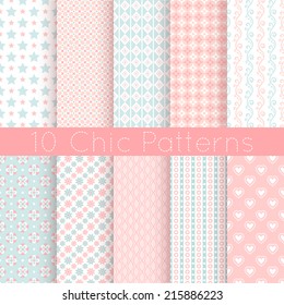 10 Chic different vector seamless patterns. Pink, white and blue color. Endless texture can be used for printing onto fabric and paper or scrap booking.