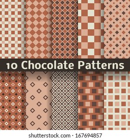 10 Chocolate vector seamless patterns (tiling). Monochrome brown color. Endless texture can be used for printing onto fabric and paper or scrap booking. Square shapes. Textures of chocolate bar.