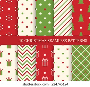 10 Christmas Different Seamless Patterns. Endless Texture For Wallpaper, Web Page Background, Wrapping Paper And Etc. Retro Style.