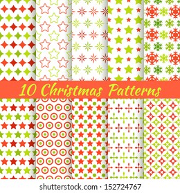 10 Christmas different vector seamless patterns (tiling). Holiday background. Endless texture can be used for wallpaper, pattern fills, web page, surface textures. Set of New Year color ornaments.