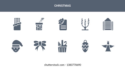 10 christmas vector icons such as christmas angel, christmas ball, basket, bow, boy contains cabin, candelabra, card, chimney, chocolate. icons