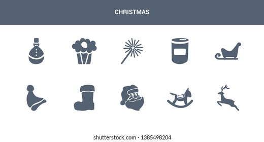 10 Weihnachtsvektorsymbole wie Rentiere, Rockpferd, Santa, Santa-Claus-Stiefel, Santa-Hut mit Schlitten, Soda, Sparkler, Süßigkeiten, Zinnsoldat. Weihnachtssymbole