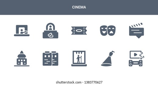 10 cinema vector icons such as soundtrack, spotlight, stage, storyboard, studio contains subtitle, theatre, ticket, ticket office, ticket window. cinema icons