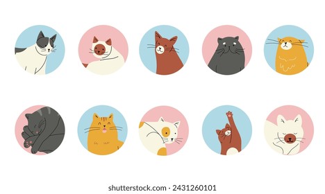 10 Circle shape icons with different cat breeds, hand drawn vector illustrations isolated on white background
