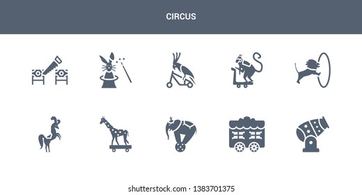 10 circus vector icons such as circus canon, circus car, elephant, giraffe, horse contains lion, monkey, parrot, rabbit, sawing. icons