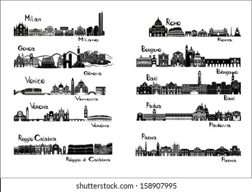 10 cities of Italy  - silhouette sights of Milan, Genoa, Venice, Verona, Reggio Calabria, Rome, Bergamo, Bari, Padua, Parma