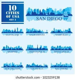 10 cities of United States of America #3, detailed isolated silhouettes, vector illustration. 