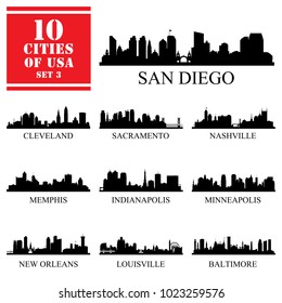 10 cities of United States of America #3, detailed silhouettes, vector illustration. 