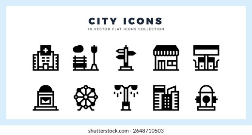 10 Cidade Lineal Preenchimento ícone pack. ilustração vetorial.