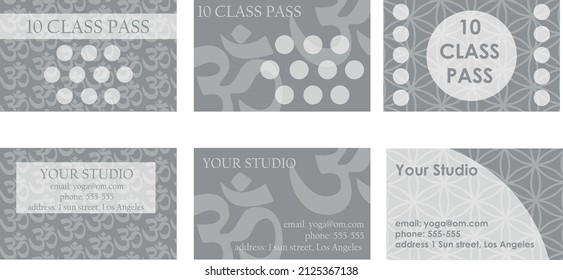 10 class pass loyalty card in yoga design with flower of life and om, aum sign symbols. Vector template card.
