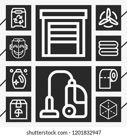 10 clean  outline style icons about turbine, cube, detergent, mask, vacuum cleaner, package, towel, garage, recycle