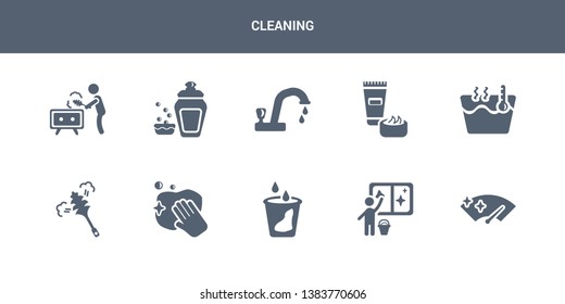 10 cleaning vector icons such as wiper, window cleaner, liquid, wiping, feather duster contains hot water, cream, tap, dish soap, dusting. cleaning icons