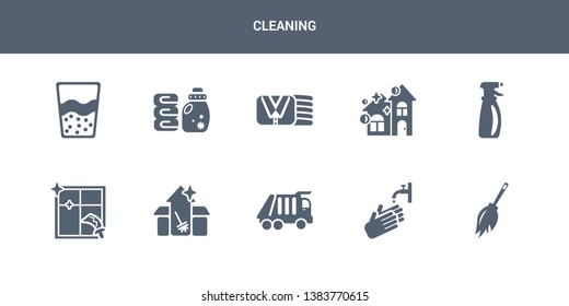 10 cleaning vector icons such as duster, hand wash, garbage truck, cleaning house, cleaning window contains spray, clean, clothes softener, emulsion. icons