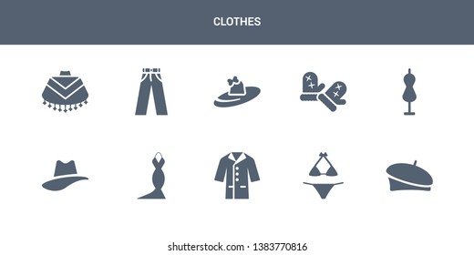 10 clothes vector icons such as beret, bikini, coat, dress, hat contains mannequin, mittens, pamela, pants, poncho. clothes icons