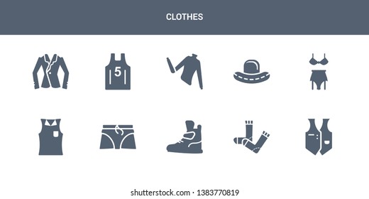10 clothes vector icons such as waistcoat, sock, sneaker, boxers, sleeveless shirt contains lingerie, bowler hat, turtleneck, basketball jersey, blazer. clothes icons