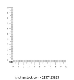 10 cm corner ruler. Measuring tool template with vertical and horizontal lines with centimeters and millimeters markup and numbers. Vector graphic illustration isolated on white background