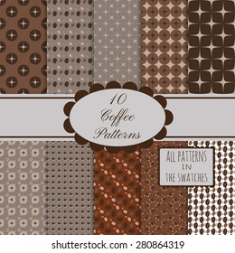 10 coffee brown seamless patterns set. All patterns in the swatches panel.