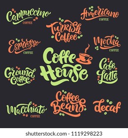 10 Coffee Quotes. Vector text. Set of vector inscriptions. Typography vector design for a coffee house. Design template celebration. Vector illustration.