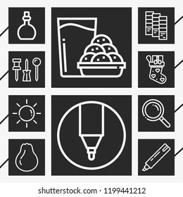 10 collection  outline style icons about potion, search, sun, sock, cookies, marker, push pin, pear