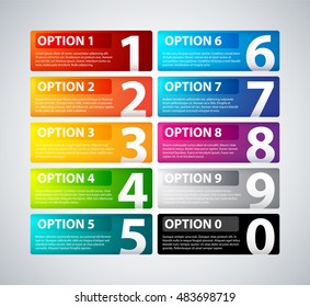 10 colorful banners with numbers from zero to nine.