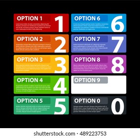 10 colorful banners with numbers from zero to nine.