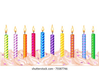 10 Colorful Birthday Candles, Isolated On White Background, Vector Illustration