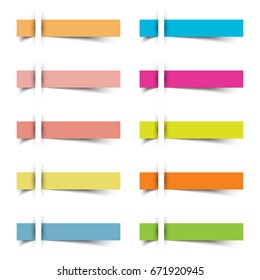 10 Colorful Blank Sharp Rectangles Sticky Notes. They Are Inserted To A White Paper With Shadow Beneath The Sheets. Useful For Business  Memorandum, Education, And Other Notifications On A Board.