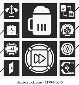 10 concept  filled style icons about beer, shield, fast forward, shuffle, nose, eye, photo camera, exchange, alarm clock
