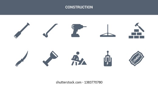 10 construction vector icons such as cement, circuit breaker, road construction, bolster, boning rod contains brick hammer, bump cutter, cordless drill, crowbar, digging bar. construction icons