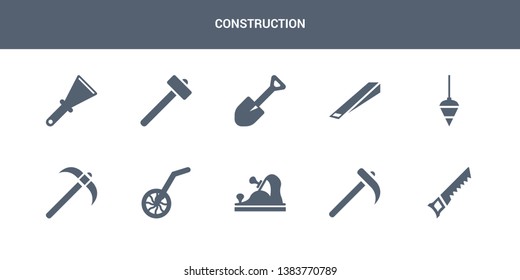 10 construction vector icons such as hand saw, hoe, jack plane, measuring wheel, pick axe contains plumb bob, wedge tool, spade tool, sledge hammer, scratcher tool. construction icons