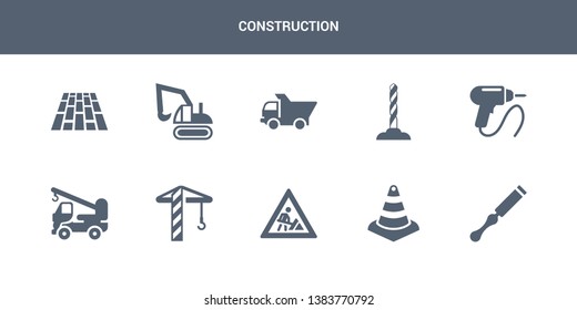 10 construction vector icons such as chisel, cone, construction, crane, crane truck contains drill, driller, dump truck, excavator, floor. construction icons