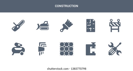 10 construction vector icons such as screwdrivers, vise, paver, hex key, air compressor contains barrier, print, brush, bulldozer, chainsaw. construction icons