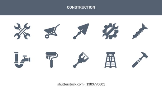 10 construction vector icons such as hammer, ladder, paint brush, paint roller, pipe contains screw, tools, trowel, wheelbarrow, wrench. construction icons