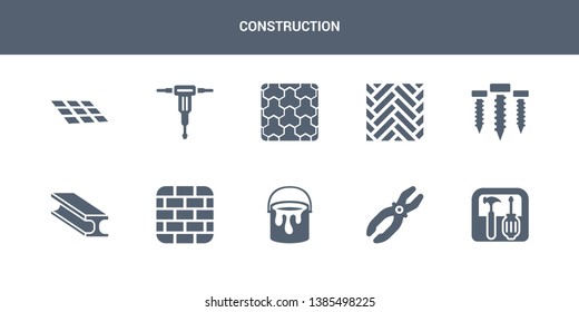 10 construction vector icons such as toolbox, plier, paint bucket, birck wall, beam contains screws, parquet, paving, hydraulic breaker, tiles. construction icons