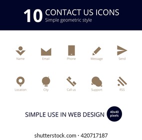 10 contact us icons. Simple geometric solid style. Use for your web site on a contact page. Best ready size to design your website. 40x40 pixels.