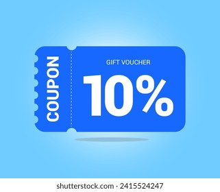 10% coupon promotion sale. Ten percent Vector Gift Voucher. Blue discount, lucky ticket, special offer promo. Web, shopping label, percent sign. Special price offers.