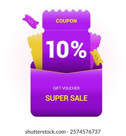 10% coupon promotion sale. Ten percent off super sale design. Envelope with paper vouchers and gift voucher. Vector illustration. Purple and yellow style.