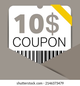 10$ Coupon promotion sale for a website, internet ads, social media gift 10 Dollar off discount voucher. Big sale and super sale coupon discount. Price Tag Mega Coupon discount vector illustration.