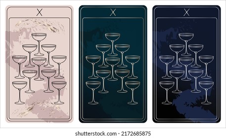 10 of Cups. A card of Minor arcana one line drawing tarot cards. Tarot deck. Vector linear hand drawn illustration with occult, mystical and esoteric symbols. 3 colors. Proposional to 2,75x4,75 in.