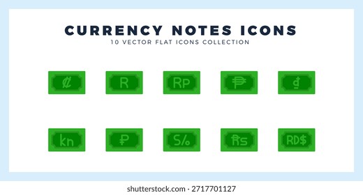 10 Moeda Nota ícone plano pack. ilustração vetorial.