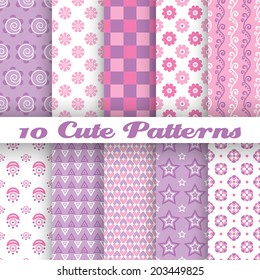 10 Cute abstract geometric bright seamless patterns (tiling). Vector illustration for attractive design. Endless texture can be used for fills, web page background, surface.